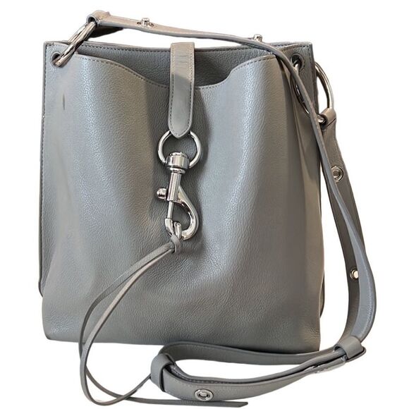 Rebecca Minkoff Megan Gray Leather Adjustable Strap Crossbody Bucket Bag - Picture 1 of 12